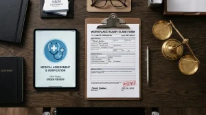 Clipboard and pen on desk