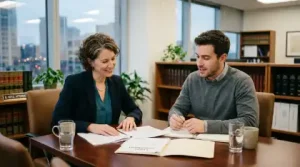 an attorney and a client discussing paperwork